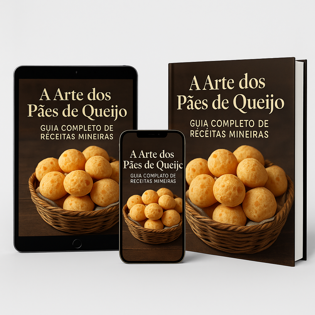 Mockup 3D do eBook A Arte dos Pães de Queijo – Guia Completo de Receitas Mineiras