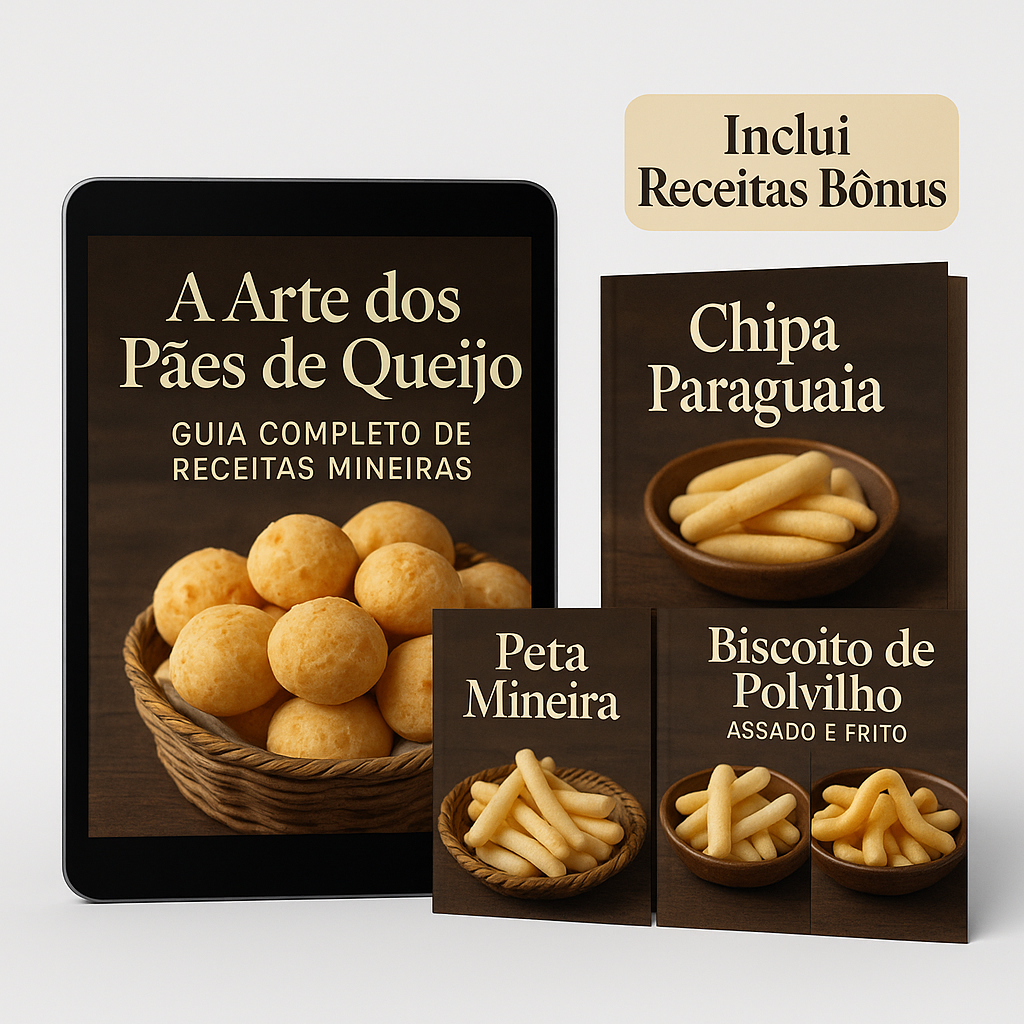Mockup do kit digital do eBook A Arte dos Pães de Queijo com bônus Chipa, Peta e Biscoito de Polvilho